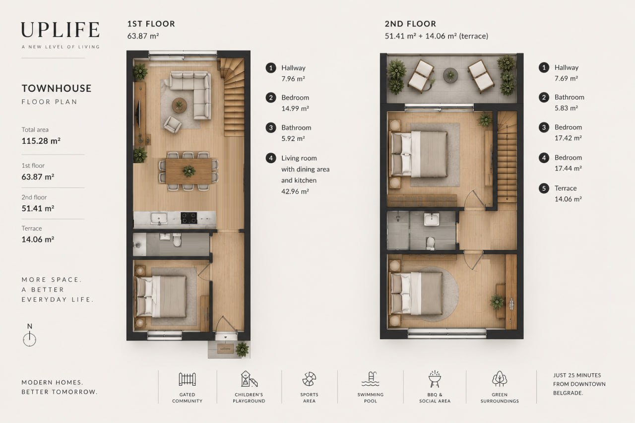Uplife townhouse floor plan, 115.28 m2, two floors plus terrace
