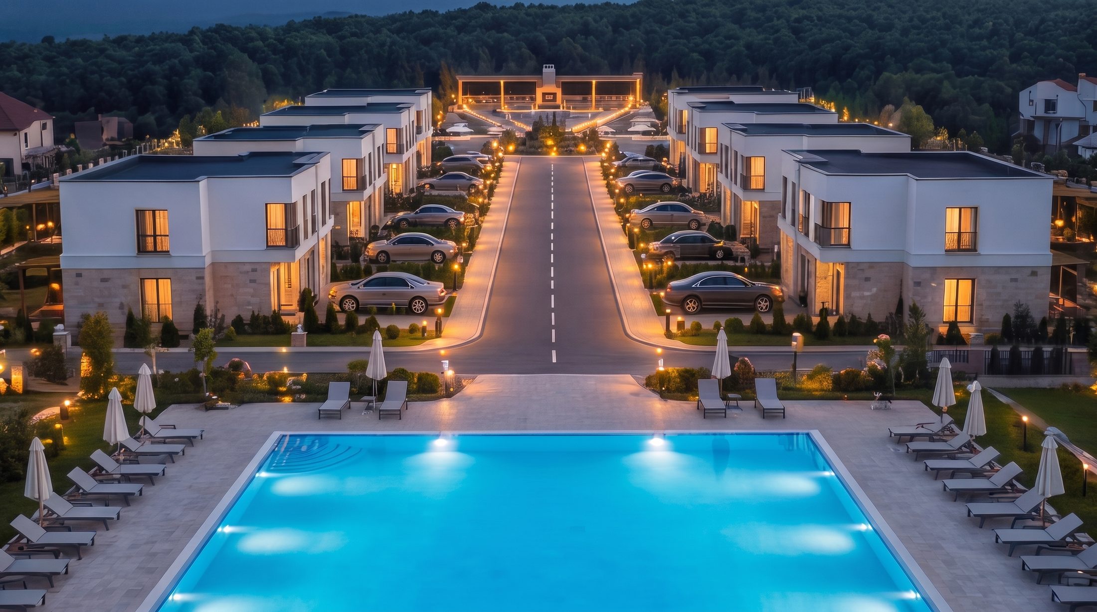 Uplife central pool and townhouses at dusk
